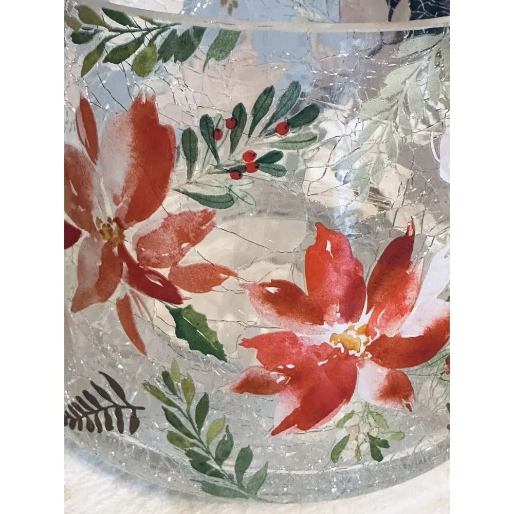 NEW Yankee Candle Shade Topper Holiday Pointsetta Florals Crackle Glass RARE ‘22